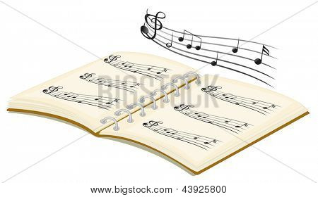 Illustration av den musikaliska bok med musiknoter på vit bakgrund