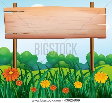 Illustrazione di un cartello in legno nel giardino