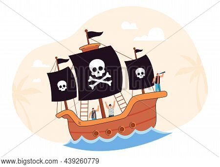 Cartoon Pirates Sailing Ship With Black Flag Of Jolly Roger With Skull And Bones. Pirates And Buccan