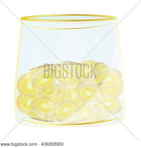 Glass Cup With Coins Isolated On White Background. Money In Golden Mug. Jar Full Cash. Saving Accoun
