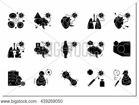 Corona Virus Effects Glyph Icon Set.covid Long Term System Health Damage.heart, Lung, Brain Damage, 