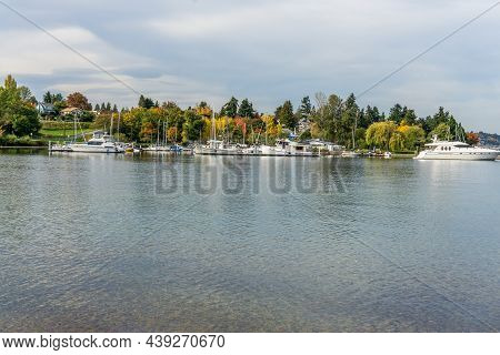 A Lake Wasington Marina And Colorful Fall Trees In Seattle, Washington.