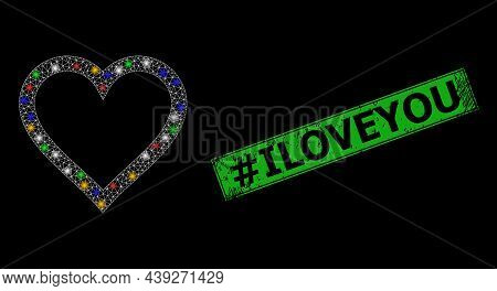 Flare Mesh Network Contour Heart With Multicolored Light Dots, And Grunge Hashtag Iloveyou Seal. Gre