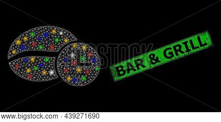 Glowing Mesh Web Coffee Time With Multicolored Bright Dots, And Grunge Bar And Grill Seal Stamp. Gre