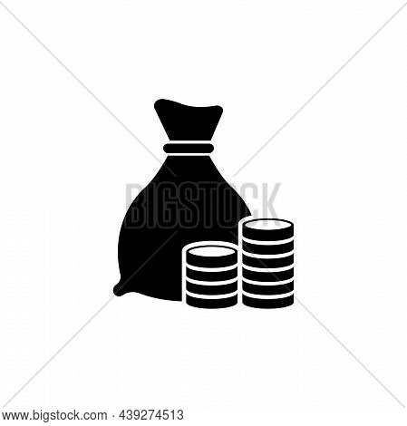 Stacks Of Coins And Money Bag, Investment. Flat Vector Icon Illustration. Simple Black Symbol On Whi