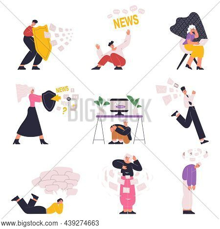Information Overload, Anxiety People With News, Data Congestion. People Hide From Social Media Infor