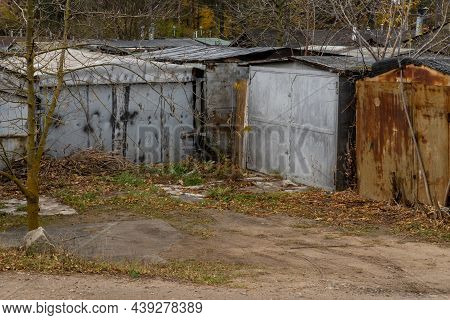 Old Abandoned Garages On The Territory Of An Old Famous Factory.