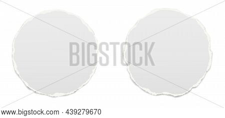 Set Of Torn White Round Note, Notebook Paper Pieces Stuck On White Background. Vector Illustration