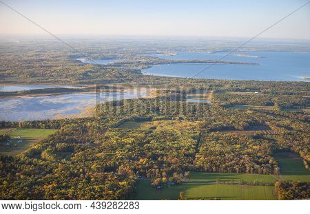 Aerial View Of Fields And Trees In Autumn Color And Lakes Near Brainerd Minnesota