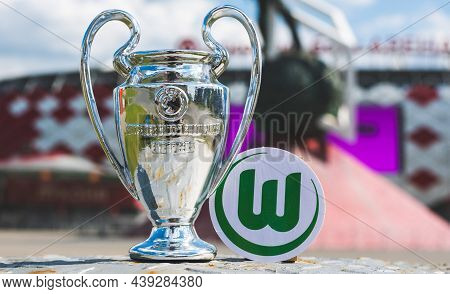 June 14, 2021 Wolfsburg, Germany. The Emblem Of The Football Club Vfl Wolfsburg And The Uefa Champio