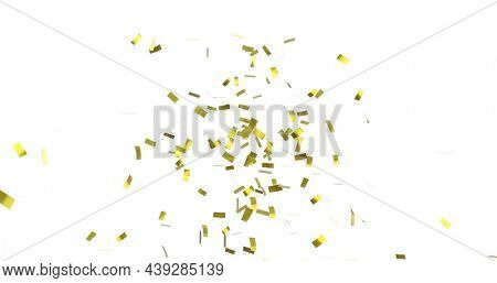 Digital image of gold confetti falling against a white background
