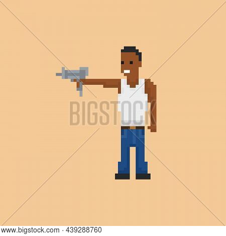 Gangster Criminal Character. Afro American Man Pointing Uzi Gun Gangsta Rap Character With Black Hai