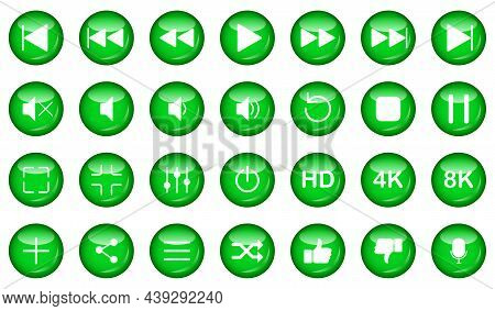 Video Media Player Vector Green Buttons Icon Set. Multimedia Music Audio Controls, Media Pause. Medi