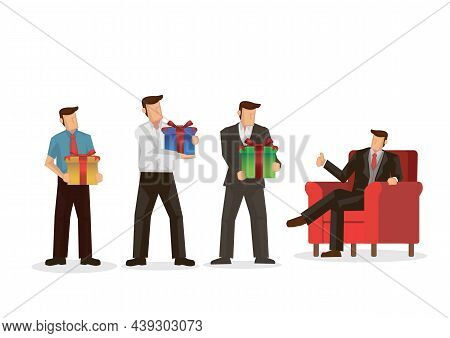 Businessmen Queue To Give Gifts To Client. Accept Bribe Gift. Concept Of Corruption And Bribery. Vec