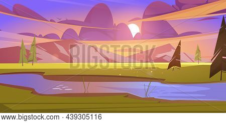 Summer Landscape With Pine Trees And Water Stream In Mountain Valley At Sunset. Vector Cartoon Illus