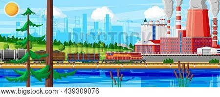 Industrial Landscape Of Cargo Rail Transportation With Plant And Fuming Pipes. Factory Building. Pip
