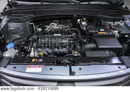 Novosibirsk, Russia - October 30, 2021: Hyundai Creta, Car Engine Close-up. Internal Combustion Engi