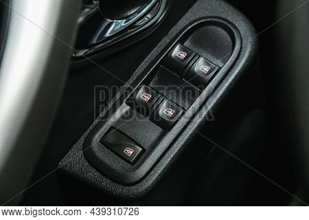 Novosibirsk, Russia - October 30, 2021: Nissan Terrano, Car Door Interior Armrest With Window Contro