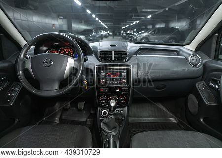 Novosibirsk, Russia - October 30, 2021: Nissan Terrano, Steering Wheel, Shift Lever And Dashboard, C