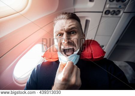 Concept Aerophobia Or Aviophobia. Afraid Of Fear Flying On Airplane And Height Tourist Man In Safe M