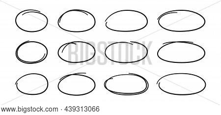 Hand Drawn Ovals Set. Ovals Of Different Widths. Highlight Circle Frames. Ellipses In Doodle Style. 