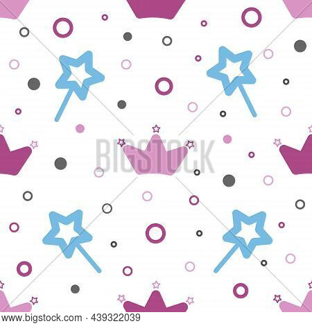 Stars, Crowns And Dots. Cute Seamless Pattern.