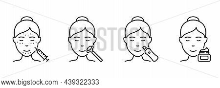 Facial Woman Beauty Procedure Line Icon. Facial Massage With Roller, Injection, Ultrasonic Cleansing
