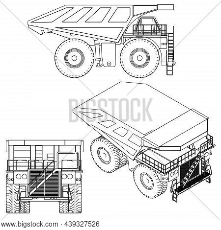 Set With The Contours Of A Dump Truck From Black Lines Isolated On A White Background. Side View, Fr