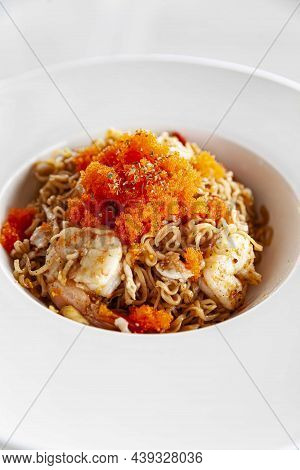 A Plate Of Instant Noodles Stir-fried With Fresh Shrimp And Ebiko