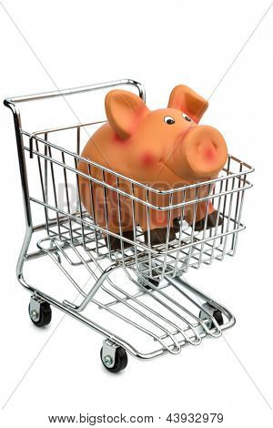 ein Sparschwein in einen Warenkorb Warenkorb Foto-Icon für Inflation und die Wirtschaft