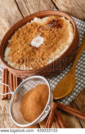 Rice Pudding Topped With Cinnamon, Sugar And Butter Close-up In A Bowl On The Table. Vertical