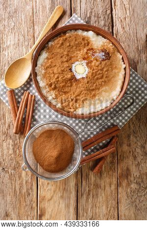 Risengrod Which Is Rice Pudding Or Porridge Danish Christmas Food Close Up In The Bowl On The Table.