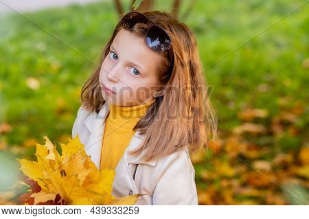 Cute Girl With Autumn Leaves In The Beauty Park. 8 Yearold Girl In An Autumn Park Holds A Bouquet Of