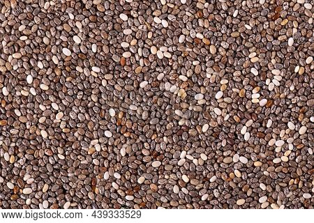Chia Seeds Background. Healthy Superfood. Closeup Macro Of Small Organic Chia Seeds.