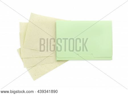 Package With Facial Oil Blotting Tissues On White Background, Top View. Mattifying Wipes