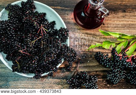 Healing Red Balm From Black Berries, Elderberry With Red Syrup. Homeopathy.