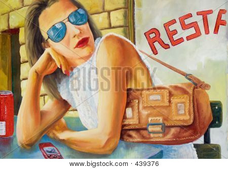 Girl Sitting In Front Of Restaurant