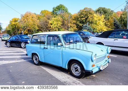 Bucharest, Romania, 24 October 2021: One Vivid Blue Trabant German Vintage Classic Car In Traffic In
