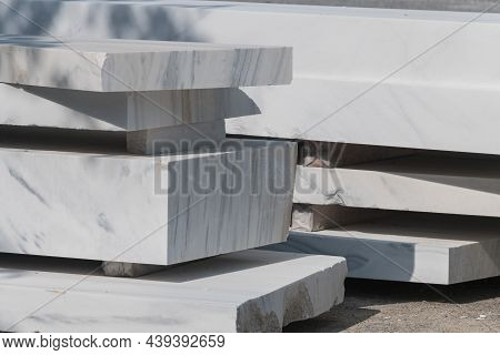 Industrial Cut White Marble Slabs And Blocks From Quarry On Stockyard