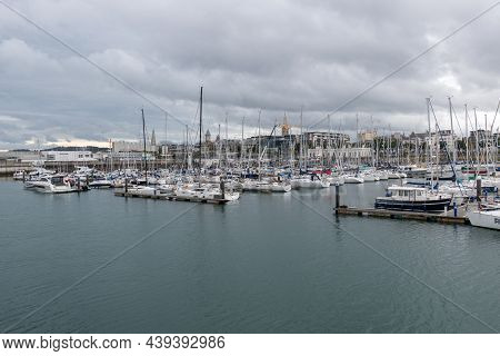 Sea Boats Parked In Harbor. Boats In Yacht Club.