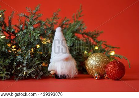 On A Red Background, There Is A Gnome In White Hat Next To A Spruce Branch. Nearby Red And Gold Chri
