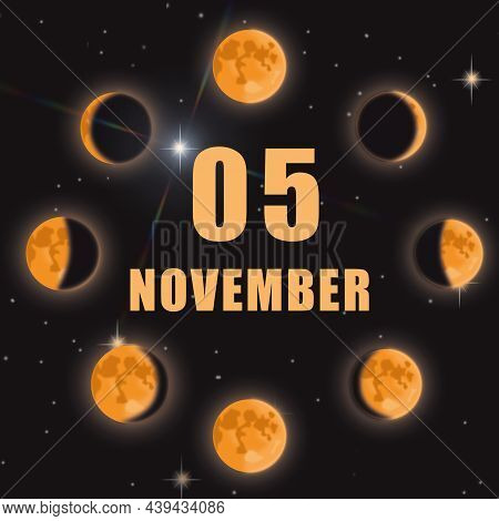 November 5. 5th Day Of Month, Calendar Date.phases Of Moon On Black Isolated Background. Cycle From 