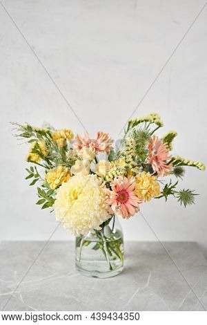 Finished Flower Arrangement In A Vase For Home. Flowers Bunch, Set For Interior. Fresh Cut Flowers F