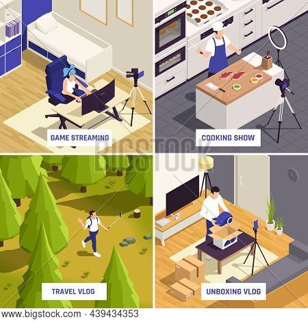 Popular Blogger Types 4 Isometric Compositions Video Game Streaming Cooking Show Travel And Unboxing