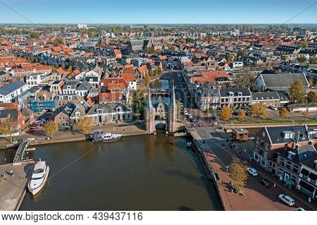 Aerial from the historical city Sneek with the watergate in Friesland the Netherlands