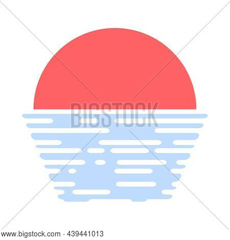 Sunset Icon On Sea Waves Background, Abstract Sunset Icon In Flat Design. Vector, Cartoon Illustrati