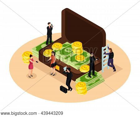 Special Agent Spy Isometric Composition With Image Of Suitcase Filled With Cash Surrounded By Crimin