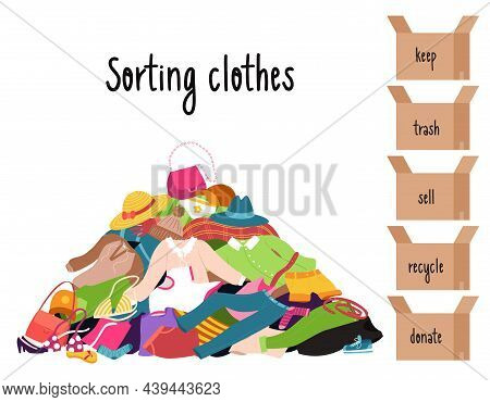 Sorting Clothes. A Pile Of Clothes Lying Randomly On The Floor. Boxes With Inscriptions - Donate, Se