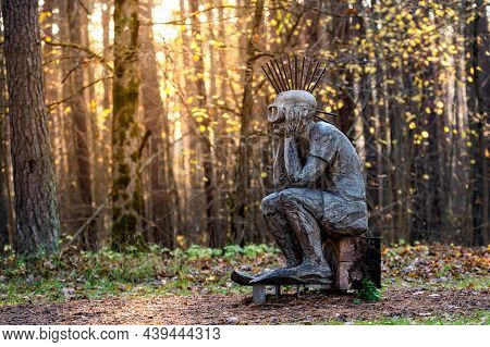 Riga, Latvia, October 30, 2021: Punk Sitting On A Radio, Sculpture By Lithuanian Sculptor Tautvils P