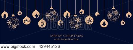 Merry Christmas Banner With Hanging Ball Decoratoin On White Background